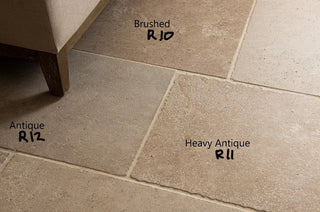 Three limestone floor finishes side by side: Brushed R10, Antique R12 and Heavy Antique R11