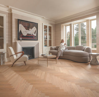 Herringbone timber flooring in a modern living room