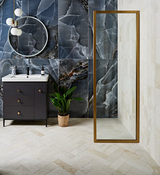 Porcelain floor tiles and bathroom wall tiles in a modern bathroom