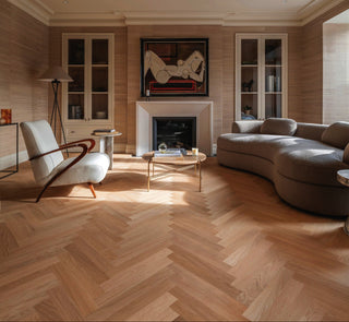 Living room with a luxury wooden floor with herringbone timber.