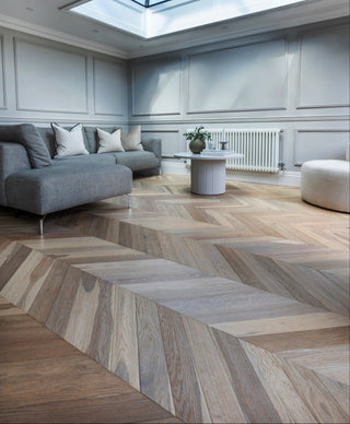 Luxury timber flooring in a modern living room, with herringbone oak floor pattern